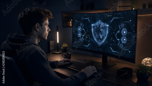 Young Man at Dark Desk Illuminated by AI Cyber-Security Shield on Monitor