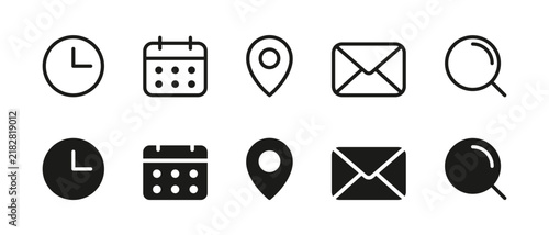 Set of basic ui icons including clock, calendar, location pin, email envelope, and search magnifying glass