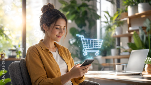 Young Professional in Home Office with 3D Holographic Shopping Cart on Smartphone