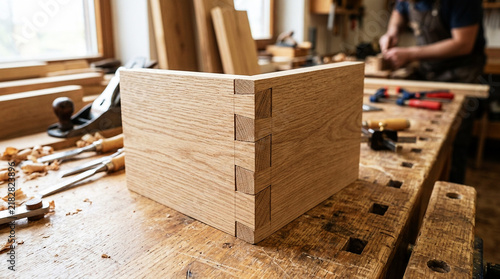 Close-up of Oak Wood Dovetail Joint on a Traditional Workbench in a Carpentry Workshop