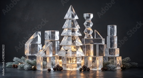 Elegant crystal Christmas tree decorations with sparkling reflections on a dark festive background