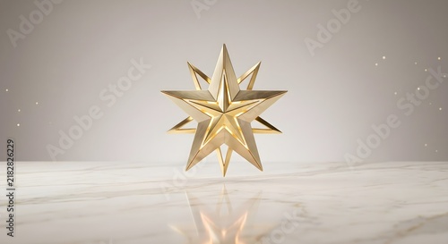 Elegant golden Christmas star ornament on a minimal cream background with soft festive lighting