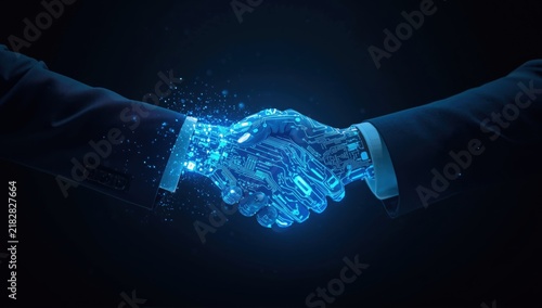 Surreal blue glowing handshake in dark space with light trails
