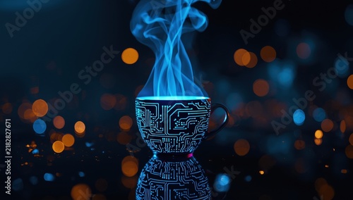 Surreal blue glowing steampunk hourglass with floating orbs and cosmic background