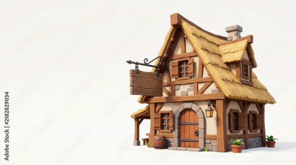 Obraz premium 3D render of a stylized medieval tavern cottage with a thatched roof, half-timbered wooden beams, stone foundation, hanging blank sign, and window shutters on a white background.