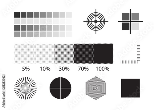 Printer Test Page Vector Set with Grayscale Color Chart, Registration Marks, Halftone Dot Percentage Scale, Crosshair, Resolution Chart and Calibration Targets