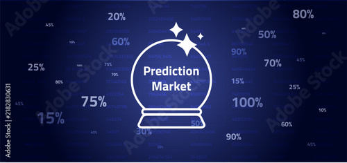 Prediction Market Concept with Crystal Ball Icon Surrounded by Percentage Numbers and Data on Blue Background Representing Forecasting, Betting, and Probability