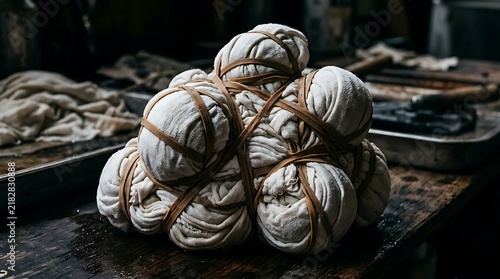 Bundled white fabric prepared for traditional shibori dyeing