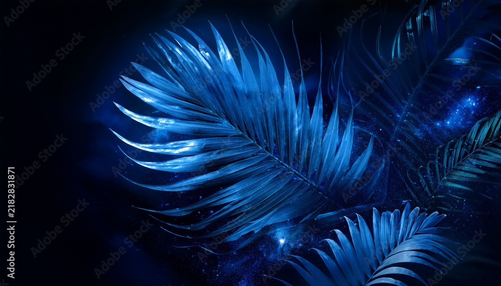Fototapeta premium blue toned exotic tropical leaves composition blended with cosmic space background surreal artistic double exposure style