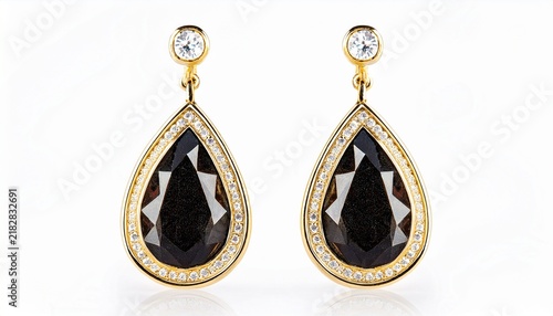 elegant gold teardrop black crystal halo dangle drop earrings isolated on white