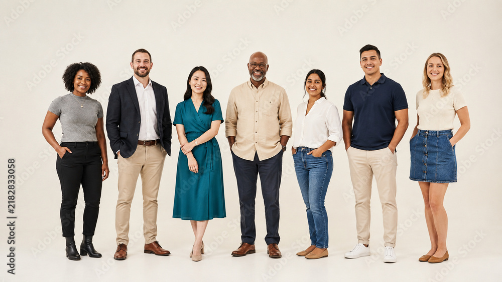 Obraz premium Seven diverse employees standing together on white background