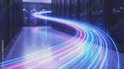 Obraz na płótnie Abstract data transmission stream through server room servers in datacenter.
