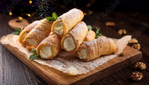 sweet fried pastry tubes filled with creamy ricotta filling and garnished with nuts and powder sit upon a wooden board