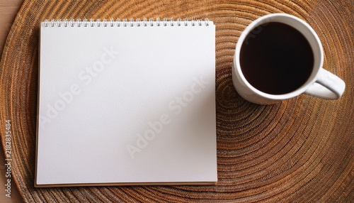 white notepad copy space on a rafia placemat top view blank copy space sheet of paper next to a coffee mug minimalistic workplace lifestyle mock up home office simple life background