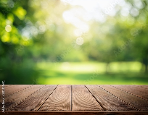 wooden tabletop with blurred green garden background