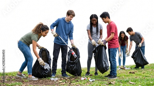 Diverse group of teenagers actively participating in a community park cleanup event collecting litter in trash bags