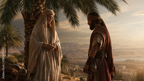 Deborah giving divine instruction to Barak beneath a palm tree in ancient Israel.