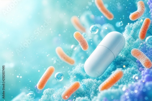 Unbranded probiotic capsule surrounded by beneficial bacteria in a clean premium microbiome concept.
