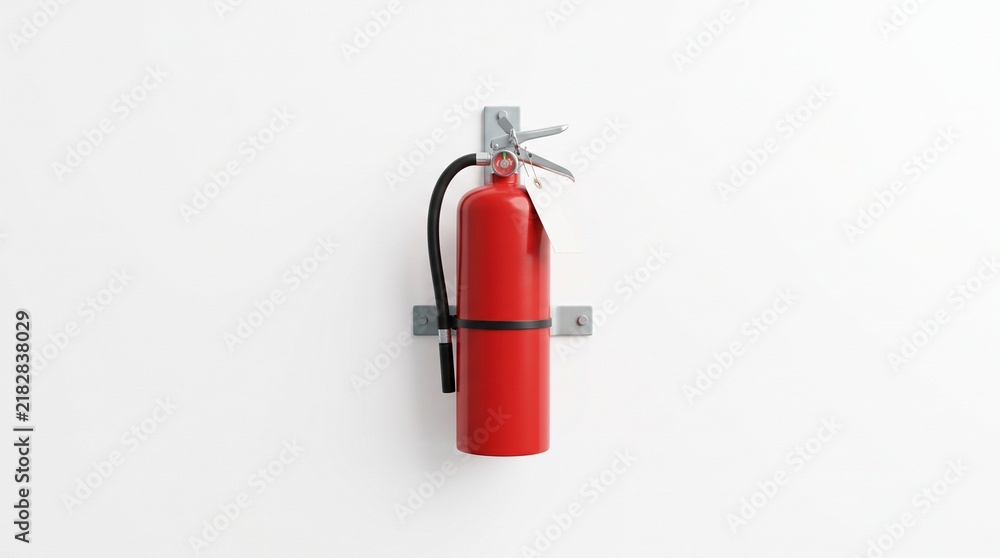 Fototapeta premium Red Fire Extinguisher Mounted on a White Wall with a Blank Tag Attached