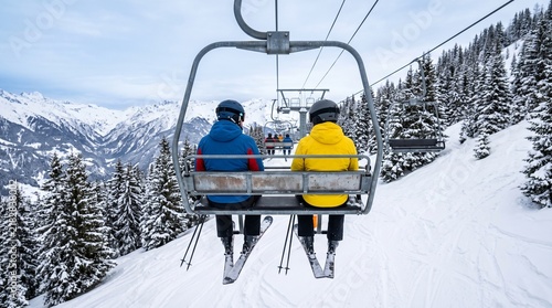 Skiers riding chairlift on a majestic snow-capped mountain, ascending towards an exciting winter adventure