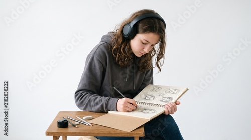 Young artist with headphones drawing faces in a sketchbook while listening to music