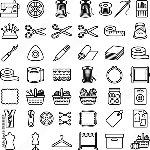 Фотография Halloween, Sewing and tailoring line icons set, 42 black outline embroidery symb