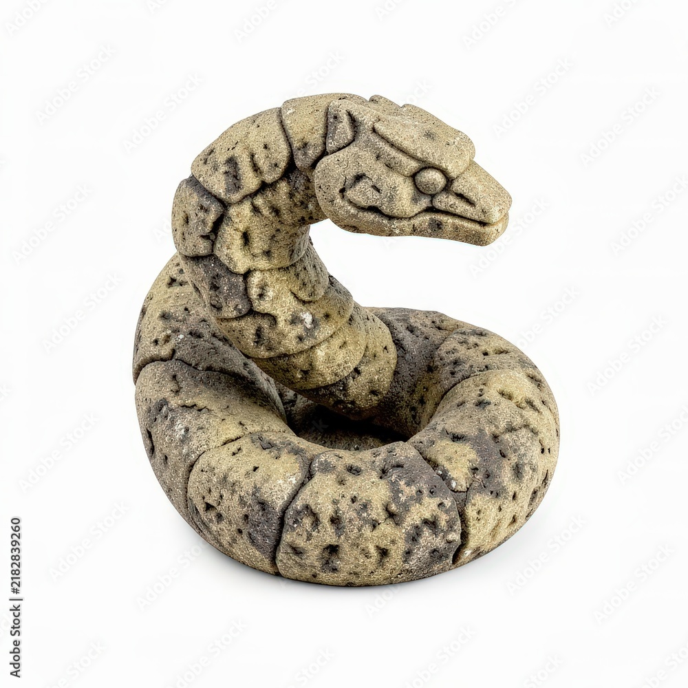 Obraz premium Serpentshaped stone sculpture from mesoamerican legend in coiled form with stylized head details on white background