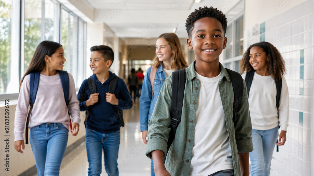 Fototapeta premium Diverse schoolchildren walking together through a bright corridor
