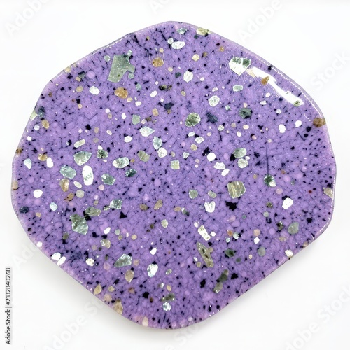 Large lepidolite mica slab with lavender purple surface and silvery flecks, glossy mineral crystal display on white background