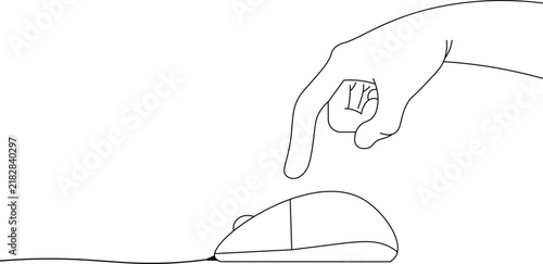 Line art illustration of a human hand clicking the left button of a computer mouse