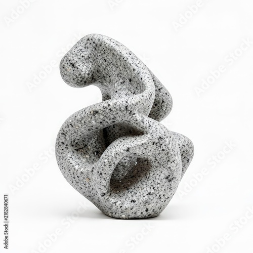 Granite abstract sculpture with organic flowing forms, rough texture, artistic asymmetry on white background