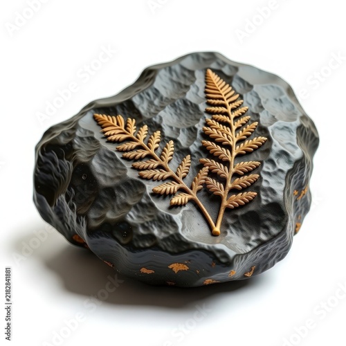 Hematite concretion with fossilized fern leaves, prehistoric fossil, ancient plant impression, natural geology specimen on white background