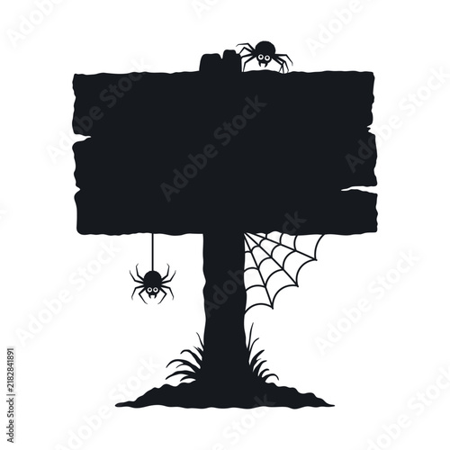 Signpost with spiders and a web icon. Black silhouette. Front view. Vector simple flat graphic illustration, hand drawn. Isolated on white background.