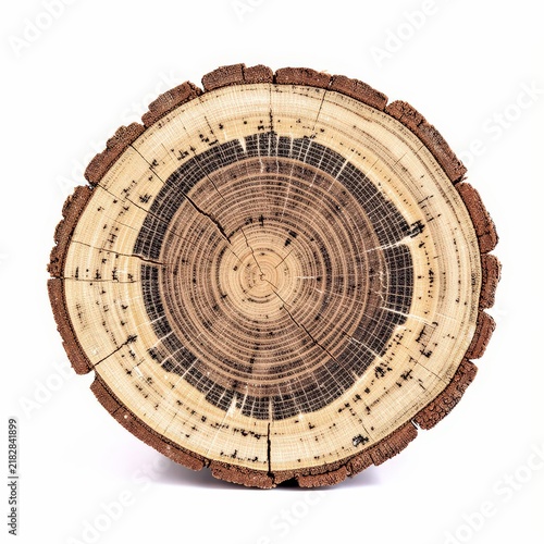 Crosssectioned petrified wood log with distinct tree rings and mineralized patterns on white background