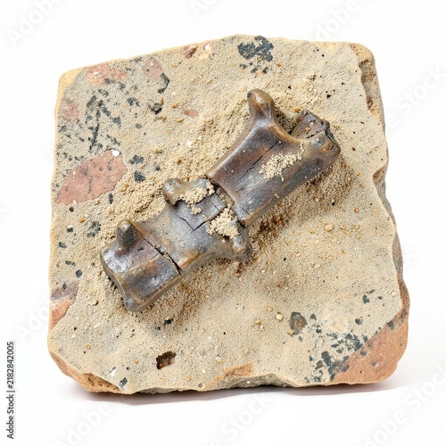Rare dinosaur bone fragment fossil embedded in sandstone matrix on white background, prehistoric paleontology discovery, ancient natural history specimen