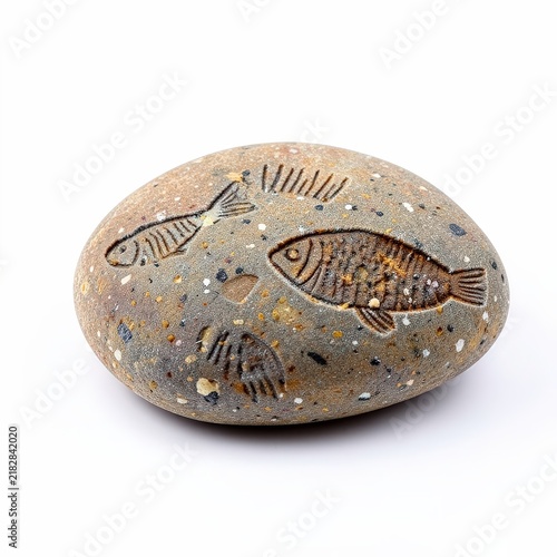 Smooth river stone with visible fish fossil imprints resting on clean white background, showcasing ancient aquatic life remains and natural geology details
