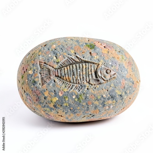 Smooth river stone with visible fish fossil imprints resting on clean white background, natural texture, ancient marine life detail