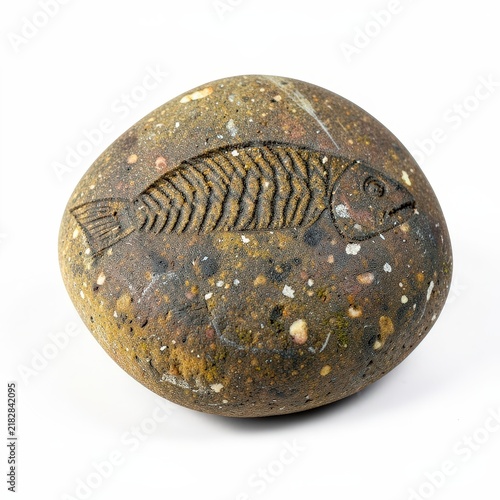 Smooth river stone featuring visible fish fossil imprints on a clean white background for natural history and paleontology concepts