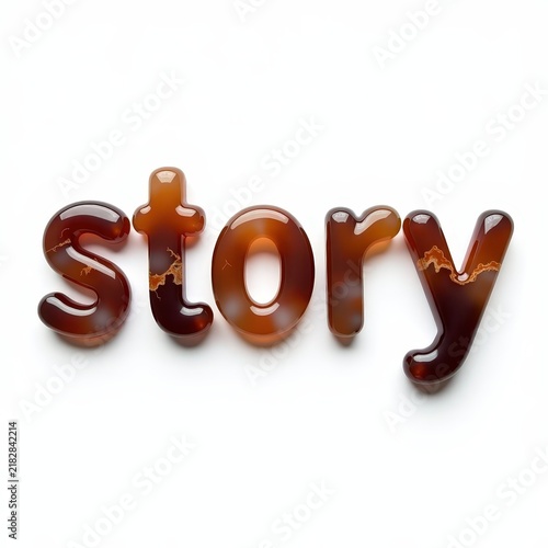 Unpolished agate stones arranged to spell story on white background, natural gemstone lettering design, creative word art