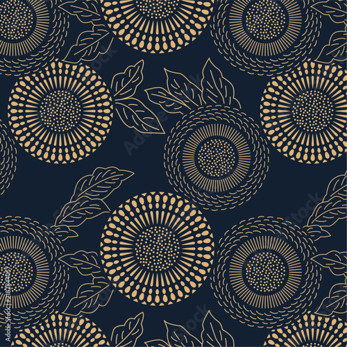 Luxury gold floral seamless pattern featuring geometric sunflowers for interior wallpaper and