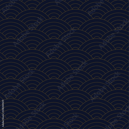 Seamless japanese wave pattern with gold lines on dark blue background for luxury textile print