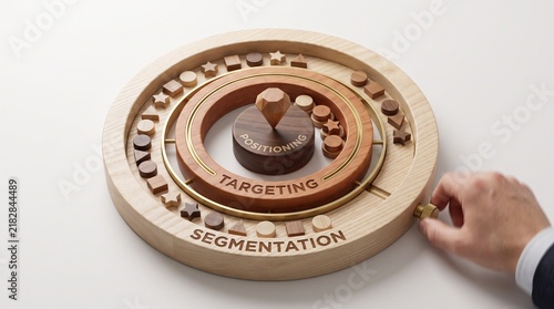 Hand adjusting a wooden concentric ring device representing the STP marketing framework concept with segmentation targeting and positioning labels