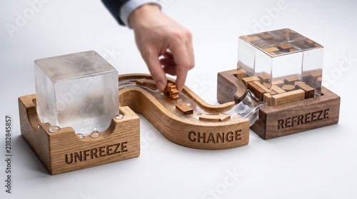 Lewin's change management model concept represented by a wooden and resin puzzle with unfreeze, change, and refreeze stages