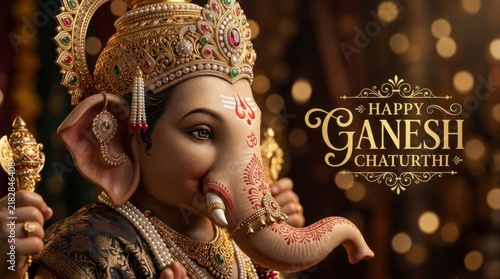 Close-up of a beautifully decorated idol of Lord Ganesha, celebrating Happy Ganesh Chaturthi with festive bokeh lights, concept of religious celebration and devotion