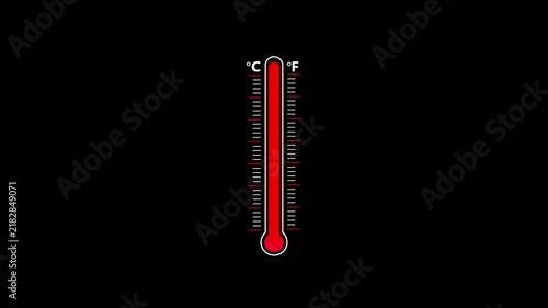 Temperature thermometer icon animation with celcius and fahrenheit indicator. Classic glass thermometer temperature going up, Thermometer cooling animation on 4K alpha channel transparent background