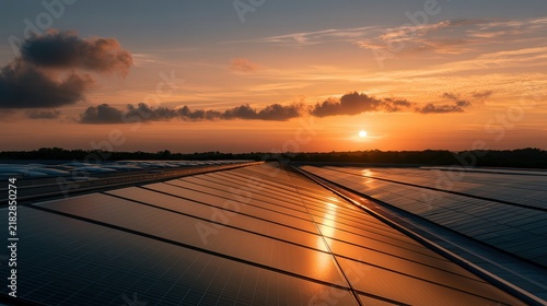 Obraz na płótnie Rooftop solar panels reflecting sunset light over distant trees