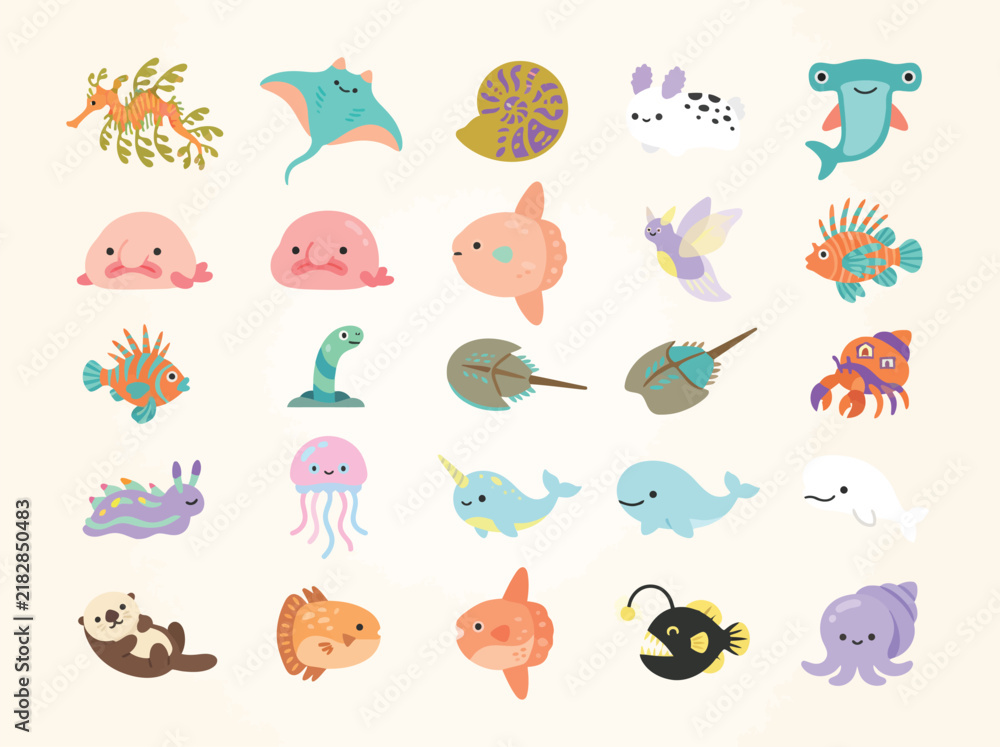 Naklejka premium Cute ocean creature vector icons
