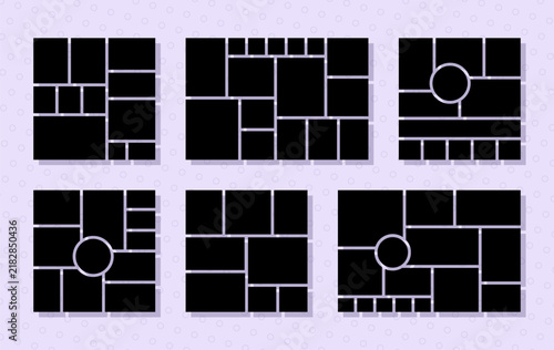 Moodboard templates. Collage grid. Mood board background. Photomontage pictures layout. Album design. Set mosaic frames. Modern photography banner. Rectangle and square mockups. Vector  illustration