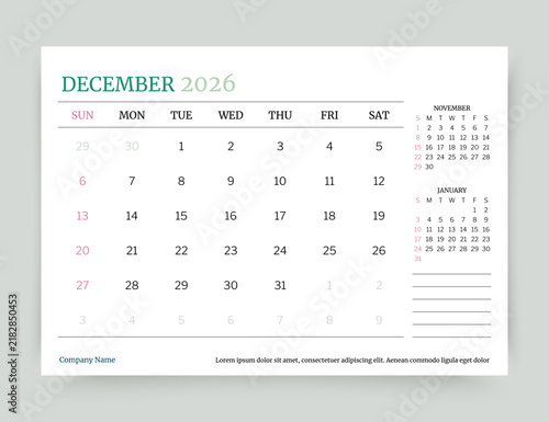 December 2026 calendar. Planner calender template. Desk monthly organizer. Week starts Sunday. Timetable grid. Table schedule layout. Vector simple illustration. Paper size A5. Corporate diary.