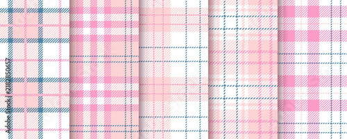 Check seamless pattern. Plaid pink backgrounds. Tartan shirt cloth. Set gingham fabric prints. Lumberjack tablecloth. Geometric checkered textile. Flannel textures. Vector illustration  